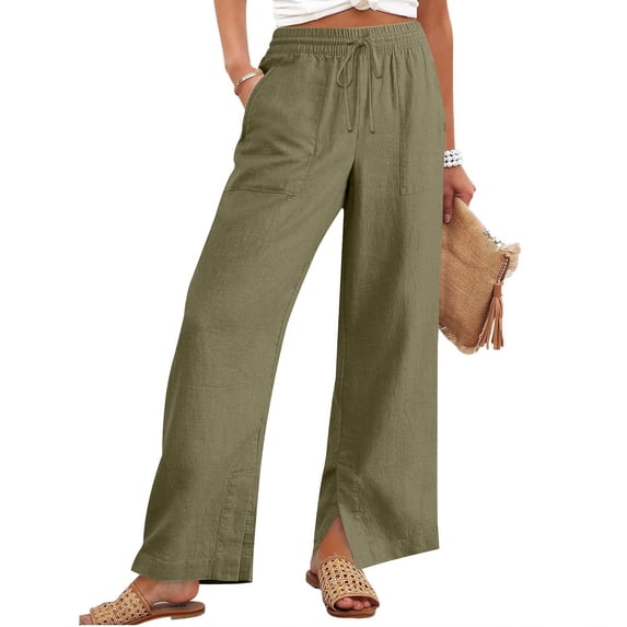 Cotton Linen Pants Women Summer Baggy Drawstring High Waisted Wide Leg Trousers Flowy Beach Lounge Pants with Pockets Dark Green S
