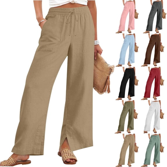 Cotton Linen Pants Women Summer Baggy Drawstring High Waisted Wide Leg Trousers Flowy Beach Lounge Pants with Pockets Khaki 3XL