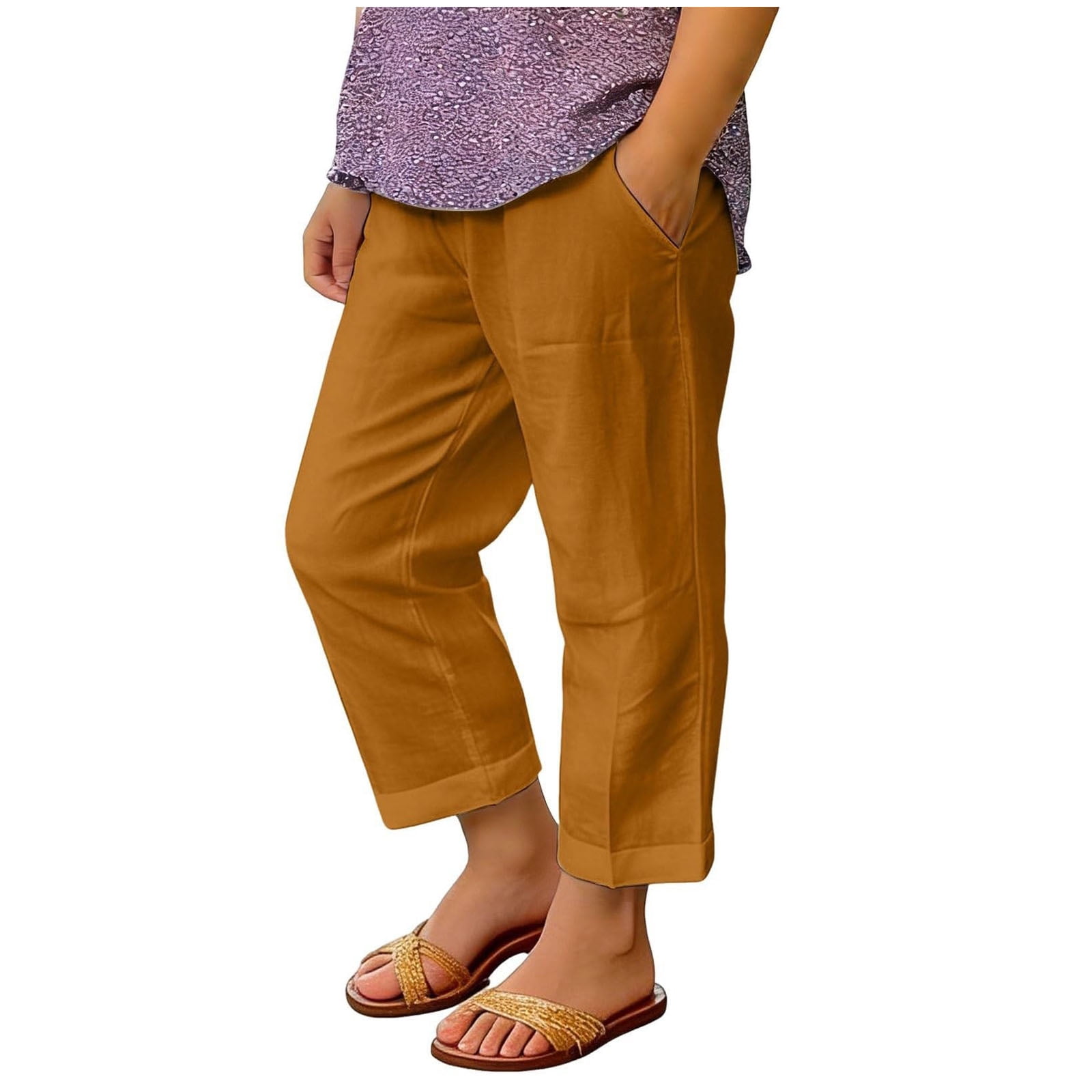 Cotton Linen Pants Women Summer Boho Dressy Casual Straight Leg Capri ...