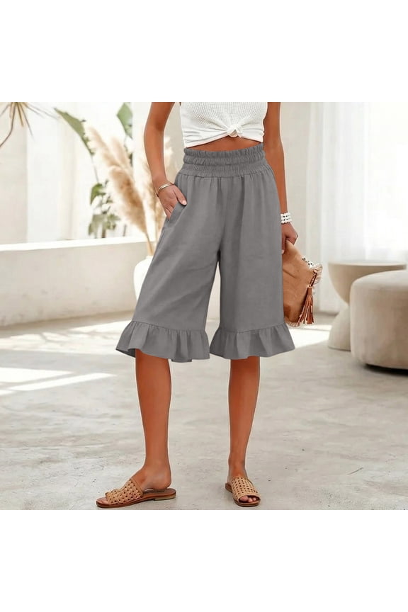 Cotton Linen Pants Women Summer Casual Pull on Wide Leg Drawstring Elastic Waist Petite Ruffle Hem Capri Pants with Pockets Gray S