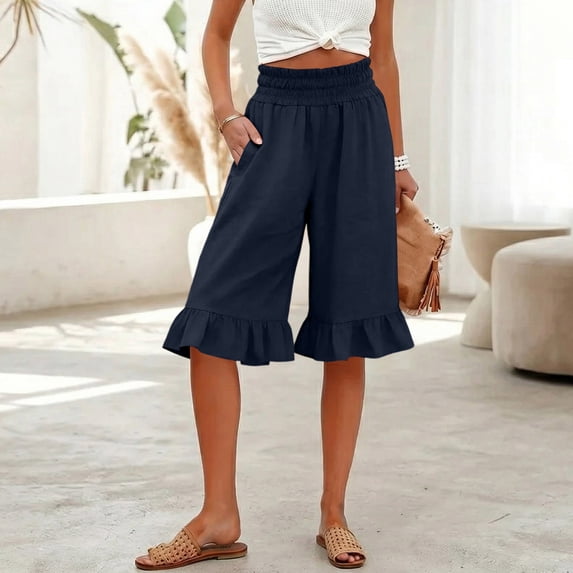 Cotton Linen Pants Women Summer Casual Pull on Wide Leg Drawstring Elastic Waist Petite Ruffle Hem Capri Pants with Pockets Navy XL