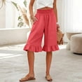 thumbnail image 1 of Cotton Linen Pants Women Summer Casual Pull on Wide Leg Drawstring Elastic Waist Petite Ruffle Hem Capri Pants with Pockets Watermelon Red 2XL, 1 of 6