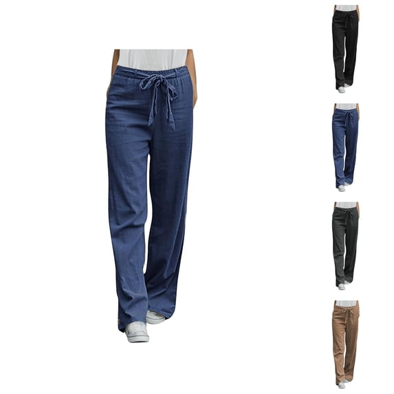 Cotton Linen Pants Women Summer Lightweight Elastic Waist Wide Straight Leg Loose Fit Lounge Pants Beach Trousers