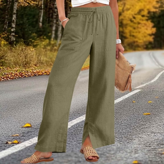 Cotton Linen Pants Women Summer Lounge Beach Vacation Flowy Palazzo Trousers Boho Travel Pant Comfy Clothes Dark Green M