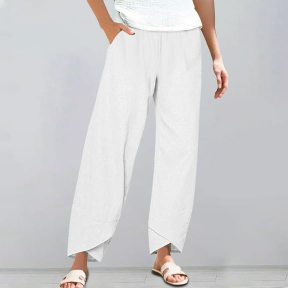 Cotton Linen Pants Women Summer Plus Size Boho Pants 2025 Lightweight Hight Waist Linen Vacation Beach Pants Pockets White S-5XL