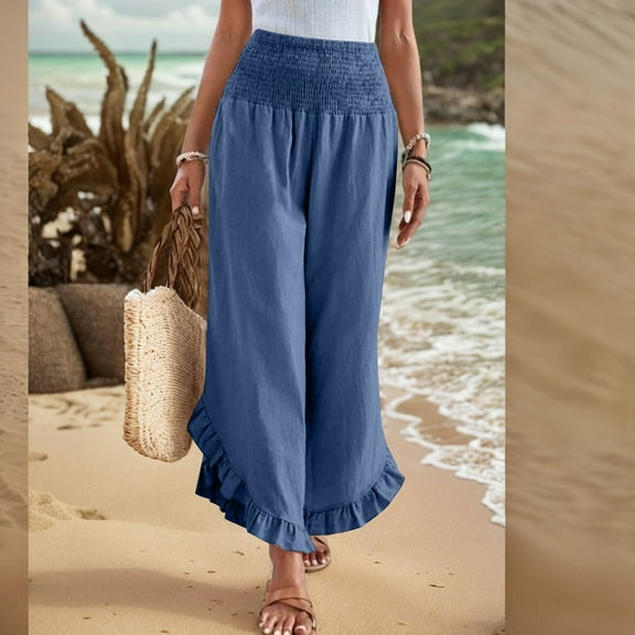 Cotton Linen Pants Women Summer Wide Leg Smocked Waist Ruffle Hem Palazzo Pants Boho Flowy Beach Vacation Pant Blue 3XL