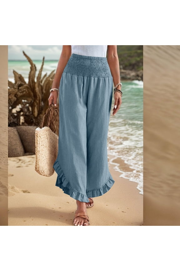 Cotton Linen Pants Women Summer Wide Leg Smocked Waist Ruffle Hem Palazzo Pants Boho Flowy Beach Vacation Pant Light Blue 2XL
