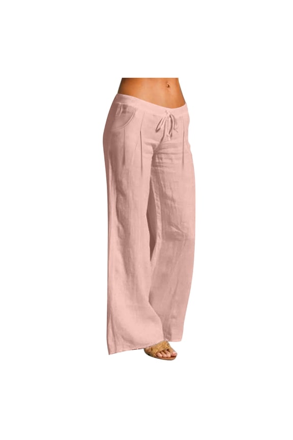 Cotton Linen Pants Women Wide Leg Drawstring Elastic Waist Pants Casual Loose Trousers with Pockets