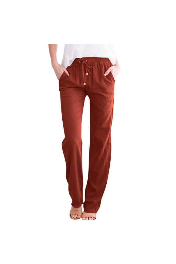 Cotton Linen Pants Womens Casual Lightweight Summer Relax Fit Elastic Waist Straight Leg Plus Size Solid Lounge Long Trousers Saffron M
