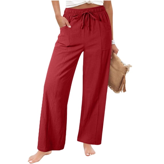 Cotton Linen Pants Womens Elasticated Waist Wide Leg Pants Summer Lounge Pants Comfy Baggy Loose Fit Solid Color Casual with Pockets