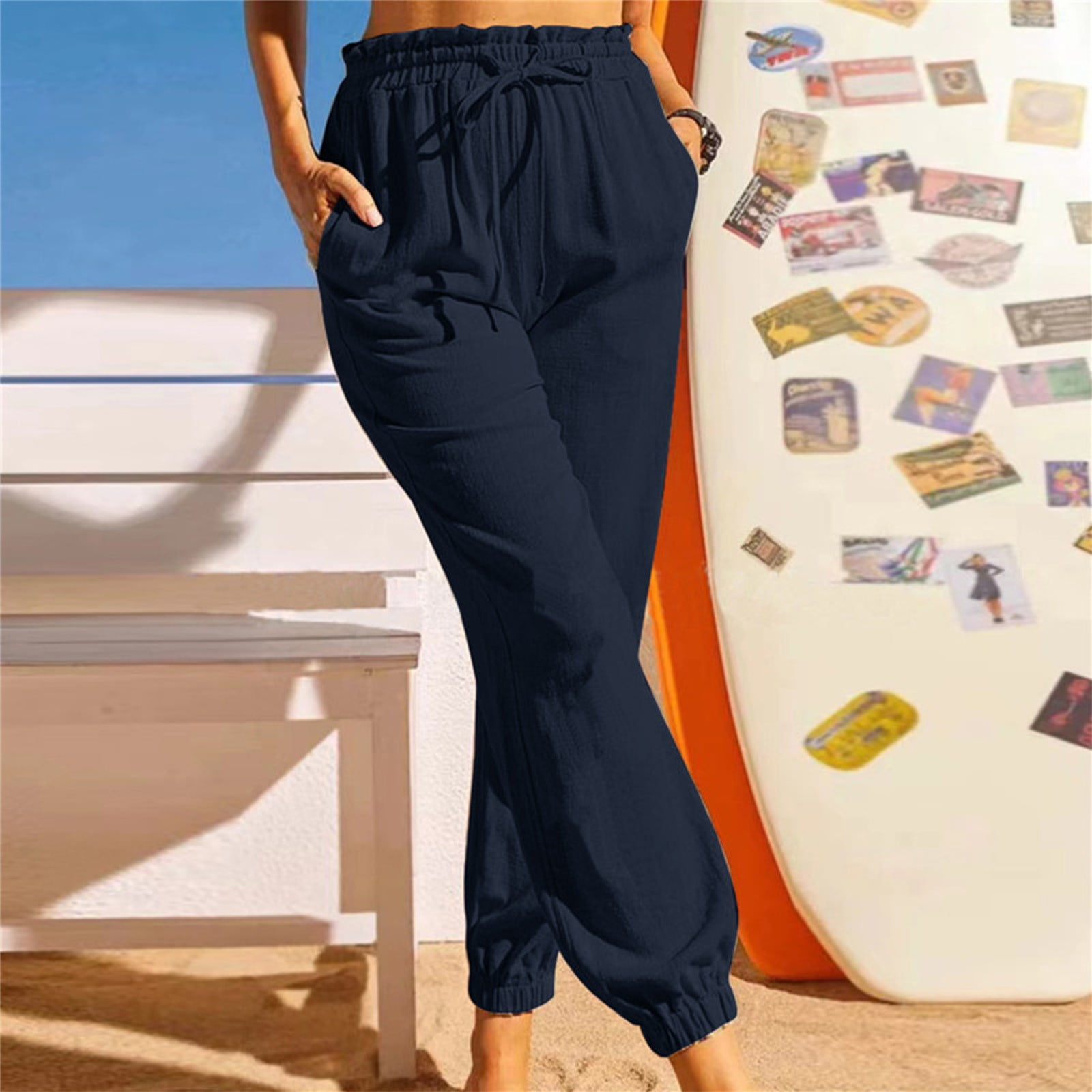 Cotton Linen Pants Womens Summer Fashion Ruffle High Waisted Solid