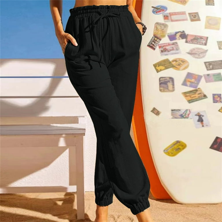 Cotton Linen Pants Womens Summer Fashion Ruffle High Waisted Solid