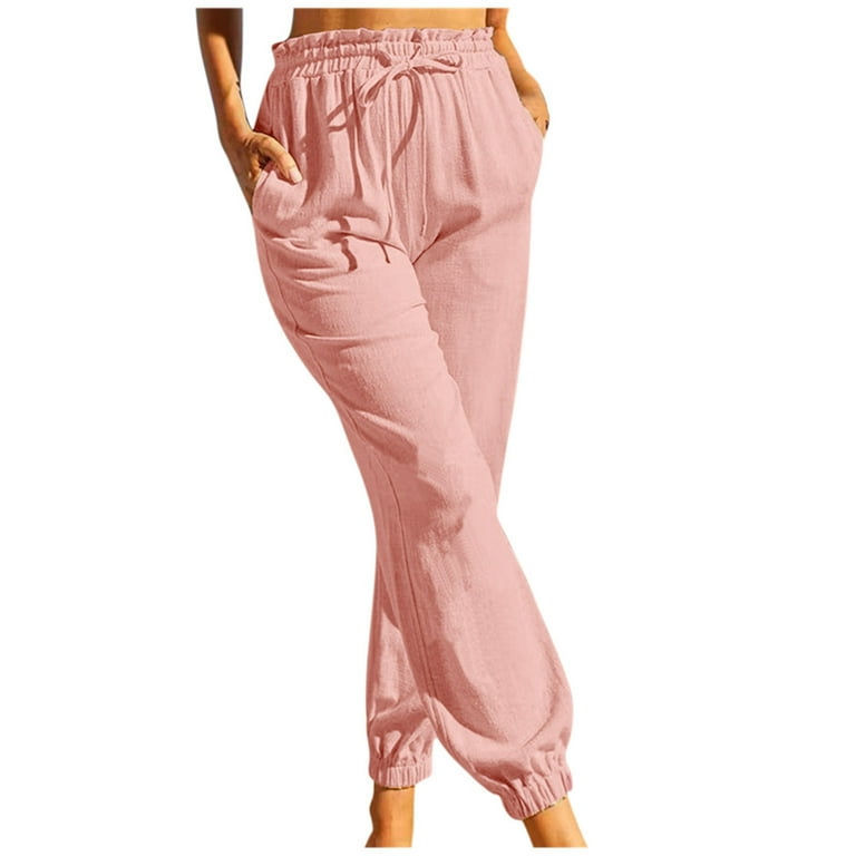 Cotton Linen Pants Womens Summer Fashion Ruffle High Waisted Solid Jogger  Sweatpants Loose Fit Trousers with Pockets