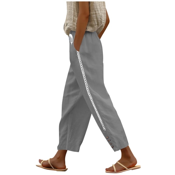 Cotton Linen Pants Womens Summer Lounge Pants Loose Fit Pant Bottoms Stylish With Side Stitching Buttons Elastic Waist Pocket Straight Pants