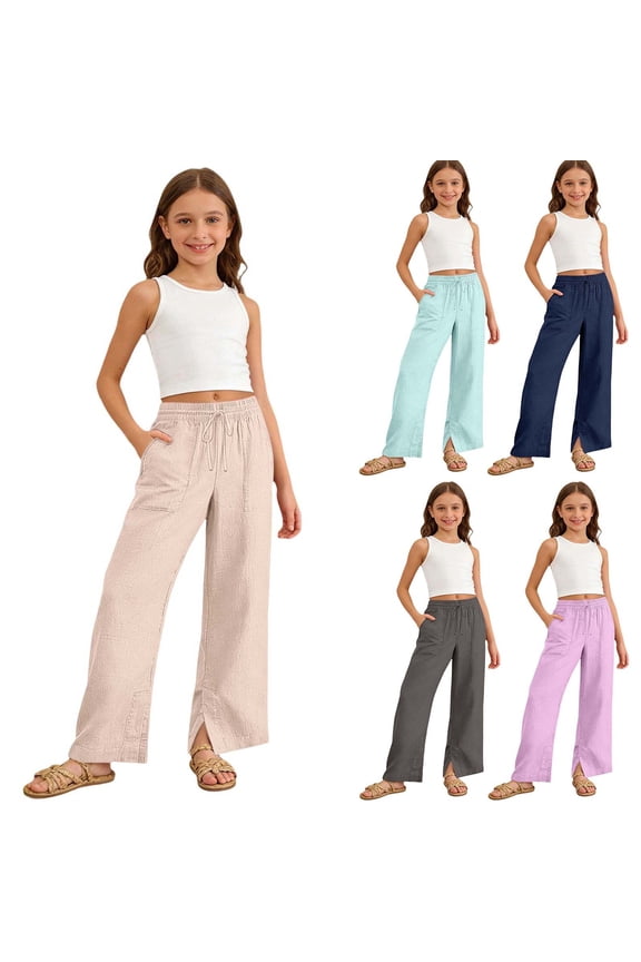 Cotton Linen Pants for Girls Summer Drawstring Wide Leg Split Hem Pants with Pockets Holiday Boho Beach Palazzo Pants Preppy Clothes