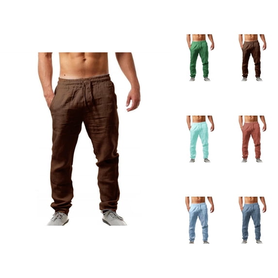 Cotton Linen Pants for Men 2025 Solid Color Drawstring Elastic Waist Breathable Loose Fit Casual Pants with Pockets