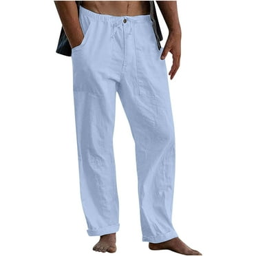 Cotton Linen Pants for Men Big and Tall with Pockets Plus Size Straight Leg Relaxed Drawstring Elastic Waist Casual Solid Comfort Clearance Trousers
