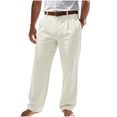 thumbnail image 1 of Cotton Linen Pants for Men Business Casual Button Elastic Waist Pockets Summer Outdoor Trousers, 1 of 5