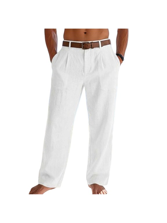 Cotton Linen Pants for Men Business Casual Button Elastic Waist Pockets Summer Outdoor Trousers