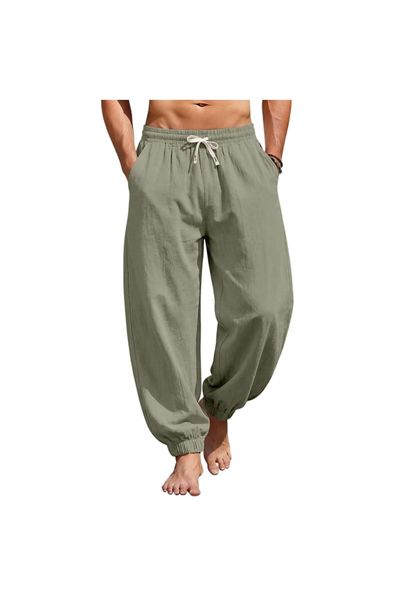 Cotton Linen Pants for Men Casual Drawstring Elastic Waist Pants Summer Ankle-Cuffed Trousers with Pockets Army Green S