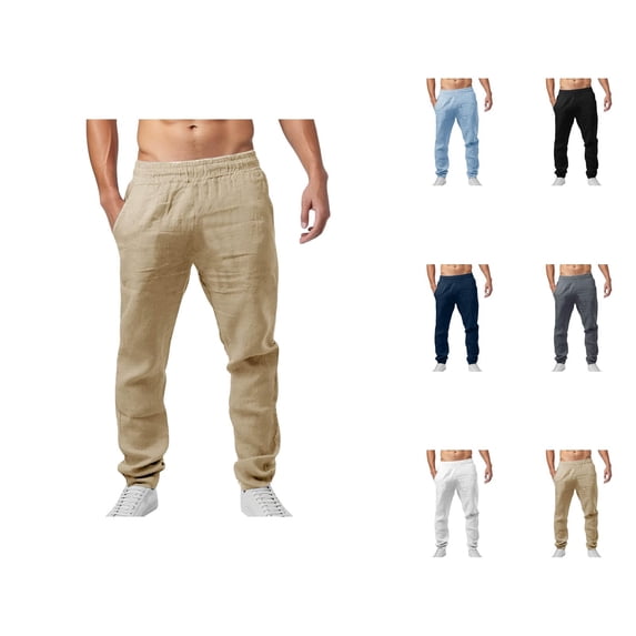 Sweatpants for Men 2025 Linen Straight Leg Loose Fit Elastic Waist Joggers with Pockets Mens Casual Pants Trousers