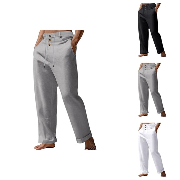 Cotton Linen Pants for Men Elastic Waist Drawstring Loose Fit Straight Leg Beach Casual Pants with Pockets Trousers