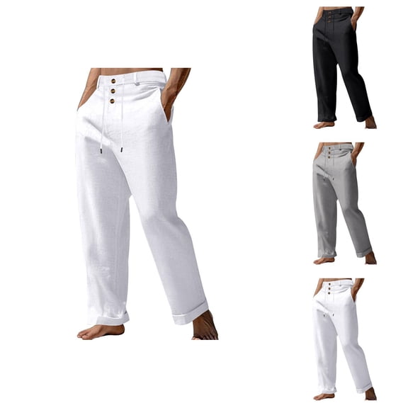 Cotton Linen Pants for Men Elastic Waist Drawstring Loose Fit Straight Leg Beach Casual Pants with Pockets Trousers