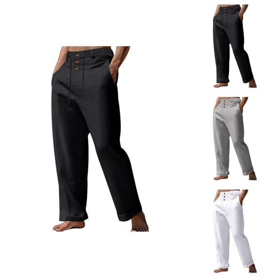 Cotton Linen Pants for Men Elastic Waist Drawstring Loose Fit Straight Leg Beach Casual Pants with Pockets Trousers