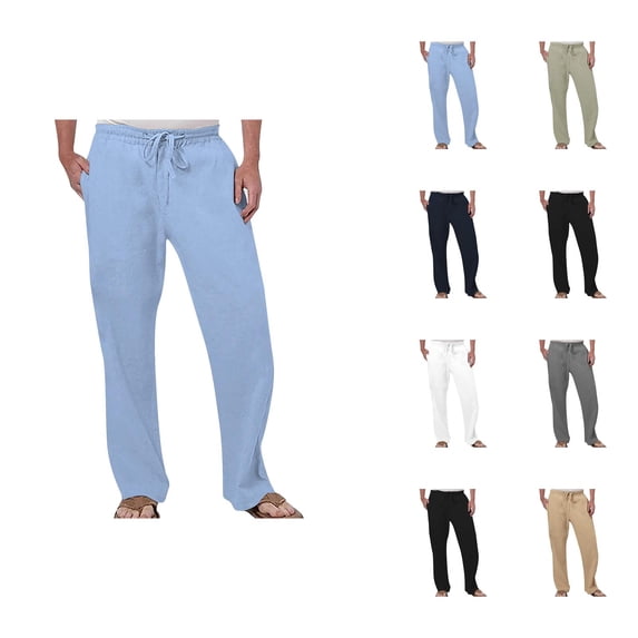 Cotton Linen Sweatpants for Men Breathable Loose Straight Leg Drawstring Joggers with Pockets Casual Pants Trousers