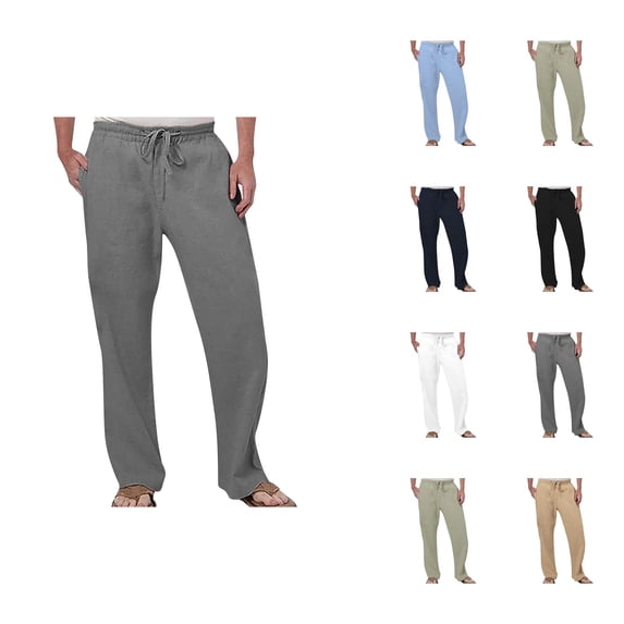 Cotton Linen Sweatpants for Men Breathable Loose Straight Leg Drawstring Joggers with Pockets Casual Pants Trousers