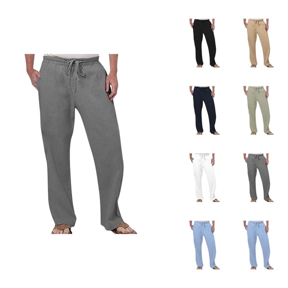 Cotton Linen Pants for Men Elastic Waist Drawstring Straight Leg Loose Breathable Casual Pants with Pockets Trousers