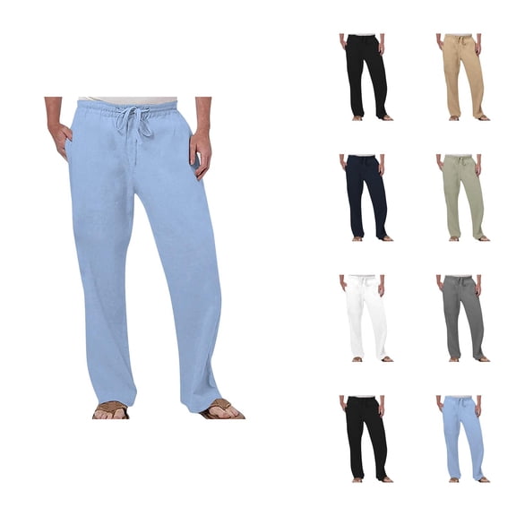 Cotton Linen Pants for Men Elastic Waist Drawstring Straight Leg Loose Breathable Casual Pants with Pockets Trousers