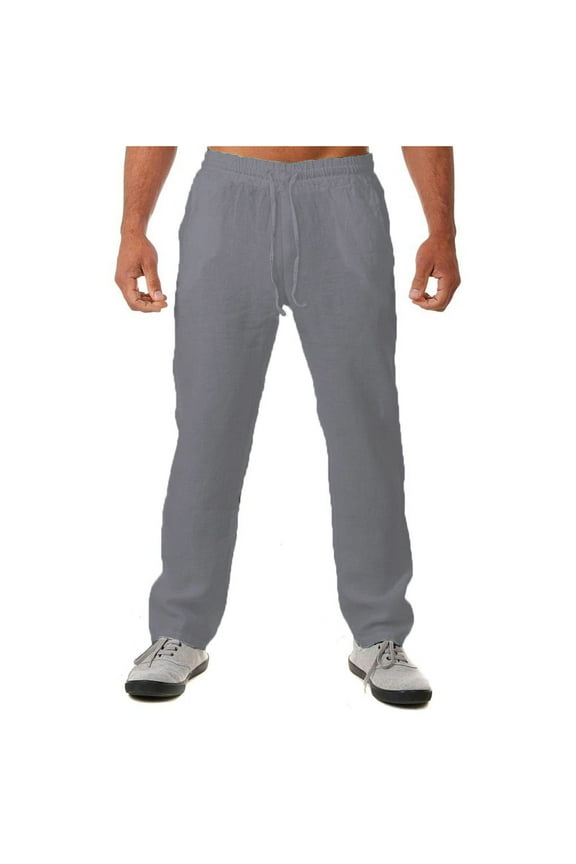 Cotton Linen Pants for Men Elastic Waist Drawstring Straight Leg Pants Casual Loose Loungewear Trousers with Pockets