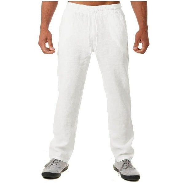 Cotton Linen Pants for Men Elastic Waist Drawstring Straight Leg Pants