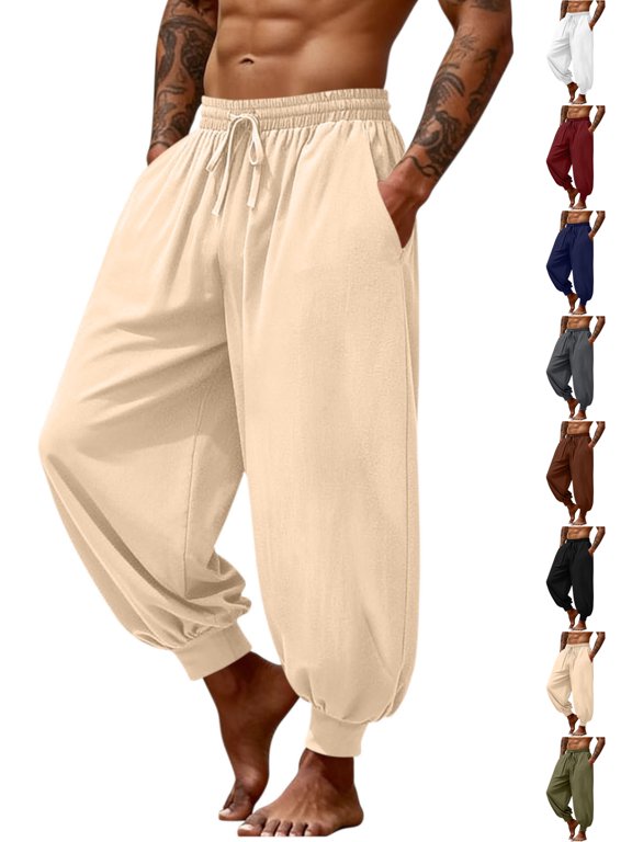 Cotton Linen Pants for Men Solid Color Elastic Waist Drawstring Boho Baggy Pants with Pockets