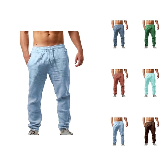 Cotton Linen Pants for Men Solid Color Elastic Waist Drawstring Breathable Loose Fit Casual Pants with Pockets