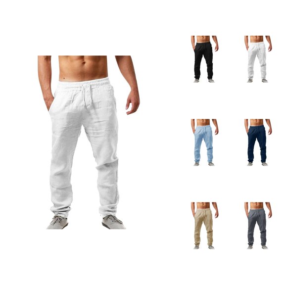 Cotton Linen Pants for Men Solid Color Elastic Waist Drawstring Loose Fit Breathable Casual Long Pants Trousers