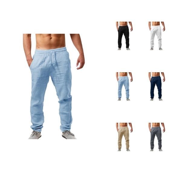 Cotton Linen Pants for Men Solid Color Elastic Waist Drawstring Loose Fit Breathable Casual Long Pants Trousers