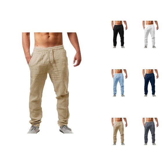 Cotton Linen Pants for Men Solid Color Elastic Waist Drawstring Loose Fit Breathable Casual Long Pants Trousers