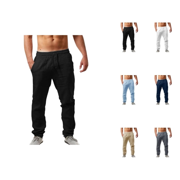 Cotton Linen Pants for Men Solid Color Elastic Waist Drawstring Loose Fit Breathable Casual Long Pants Trousers