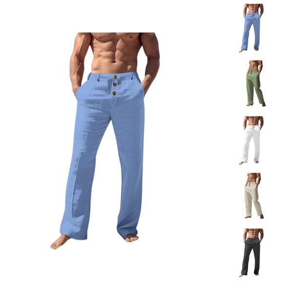 Cotton Linen Pants for Men Spring Summer Lightweight Breathable Loose Casual Beach Pants with Pockets Trousers