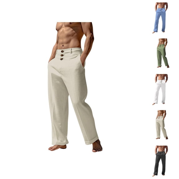 Cotton Linen Pants for Men Spring Summer Lightweight Breathable Loose Casual Beach Pants with Pockets Trousers