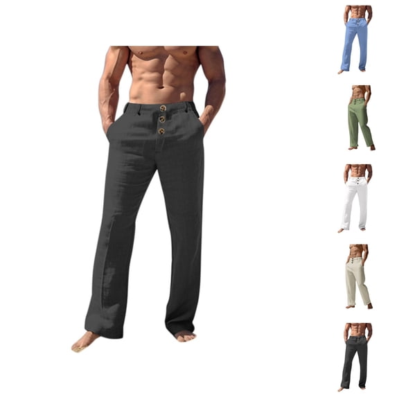 Cotton Linen Pants for Men Spring Summer Lightweight Breathable Loose Casual Beach Pants with Pockets Trousers