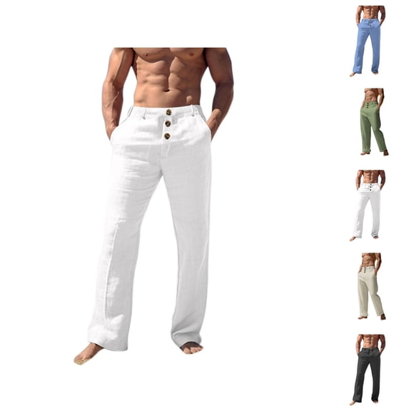 Cotton Linen Pants for Men Spring Summer Lightweight Breathable Loose Casual Beach Pants with Pockets Trousers