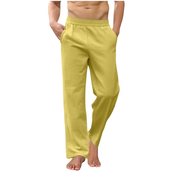 Cotton Linen Pants for Mens Straight Leg Elastic Waist Lightweight Trousers Beach Relaxed Loungewear with Pockets