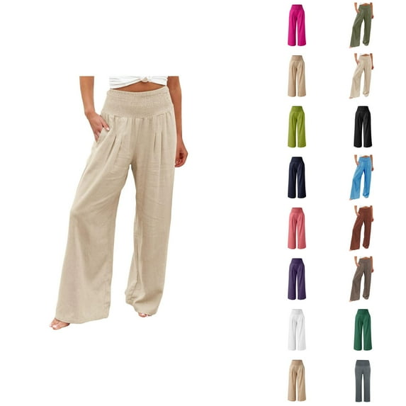 Cotton Linen Pants for Women 2025 High Waisted Loose Fit Wide Leg Casual Pants with Pockets Trousers