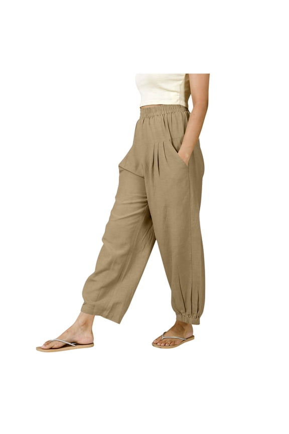 Cotton Linen Pants for Women 2026 Baggy Elastic Waisted Ruched Flowy Harem Loose Fit Boho Travel Joggers With Pockets