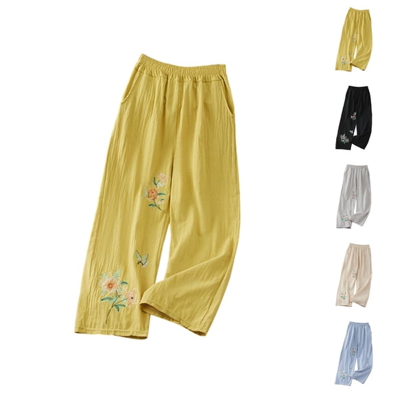 Cotton Linen Pants for Women 2026 Spring Summer Loose Elastic Waist Wide Leg Flower Embroidery Beach Pants with Pockets