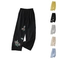 thumbnail image 1 of Cotton Linen Pants for Women 2026 Spring Summer Loose Elastic Waist Wide Leg Flower Embroidery Beach Pants with Pockets, 1 of 5