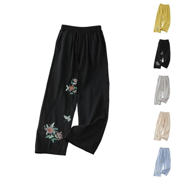 Cotton Linen Pants for Women 2026 Spring Summer Loose Elastic Waist Wide Leg Flower Embroidery Beach Pants with Pockets